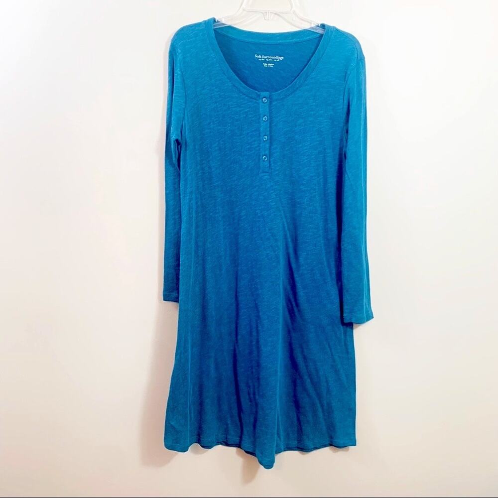 Soft Surroundings Riley Teal Long Sleeve Cotton Shirt Dress